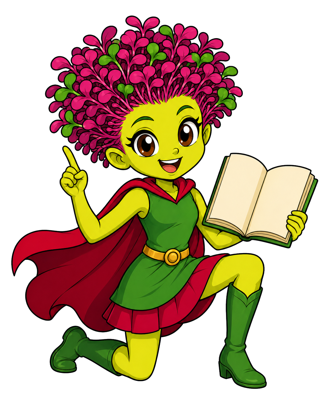 Mila teaching with a lesson plan and raised finger