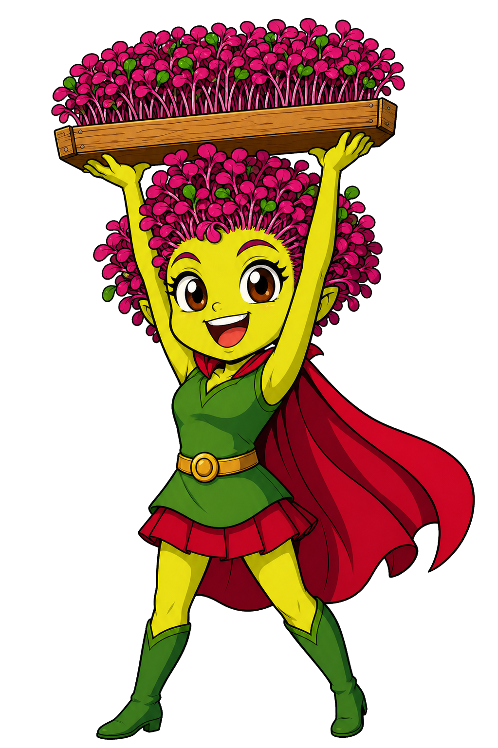 Mila lifting a tray of microgreens overhead