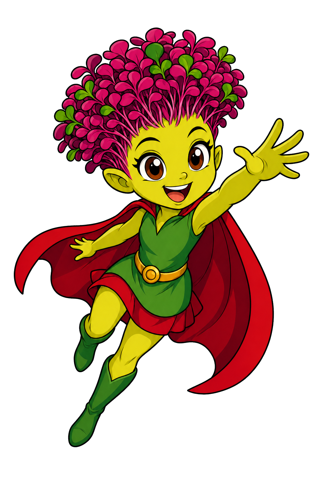 Mila flying forward in a superhero pose