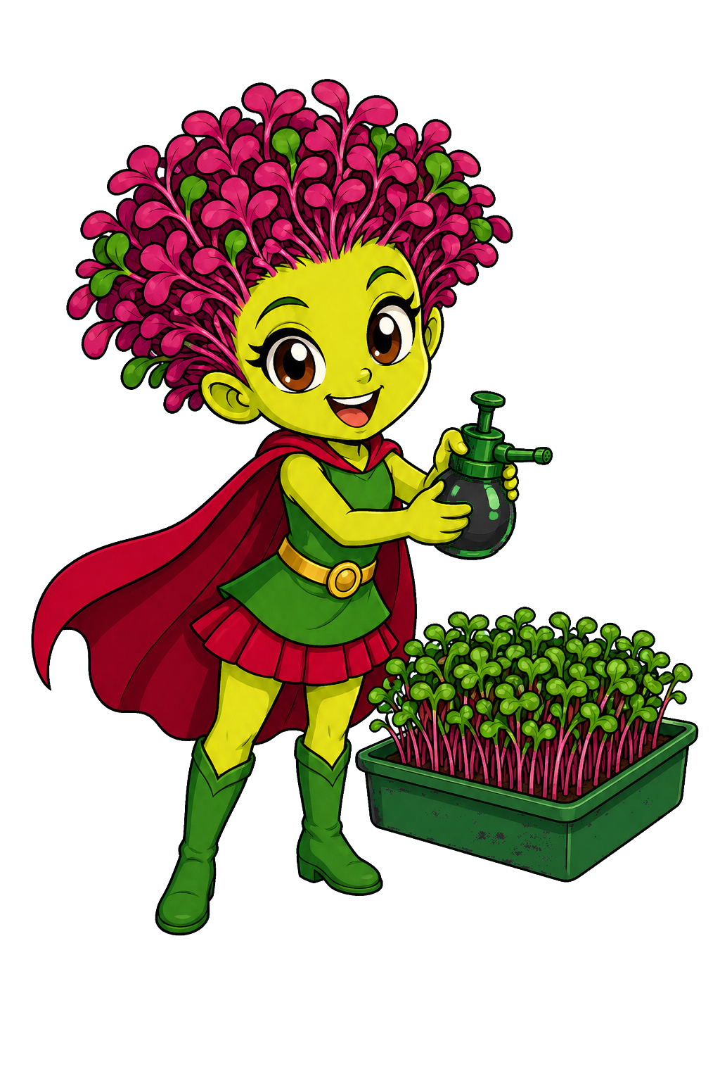 Mila holding a mister beside a classroom grow kit